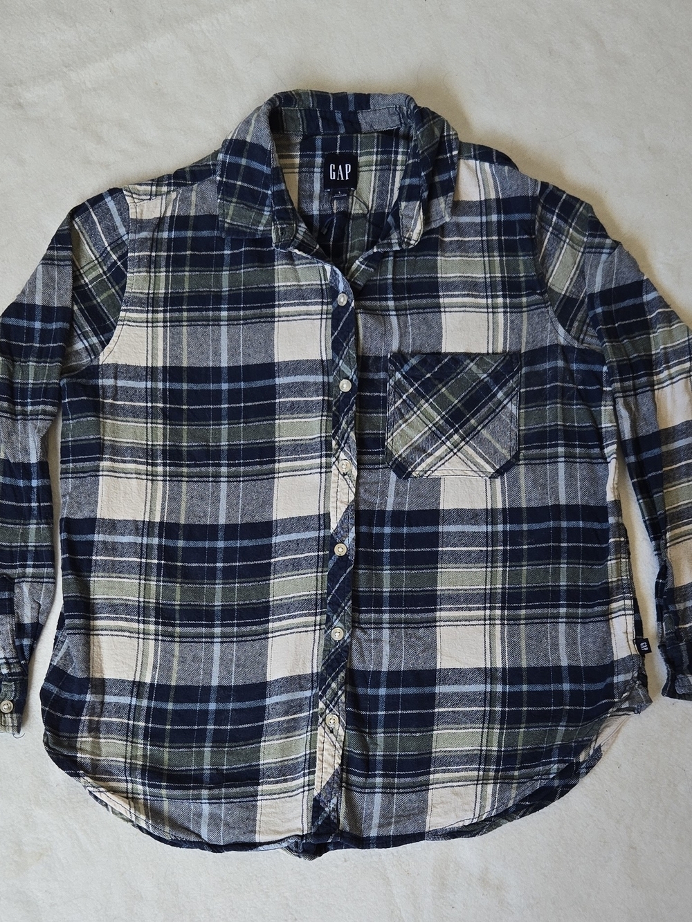 GAP Flannel Mens L Plaid Cotton Button-Up Shirt in Navy, Sage, & Cream